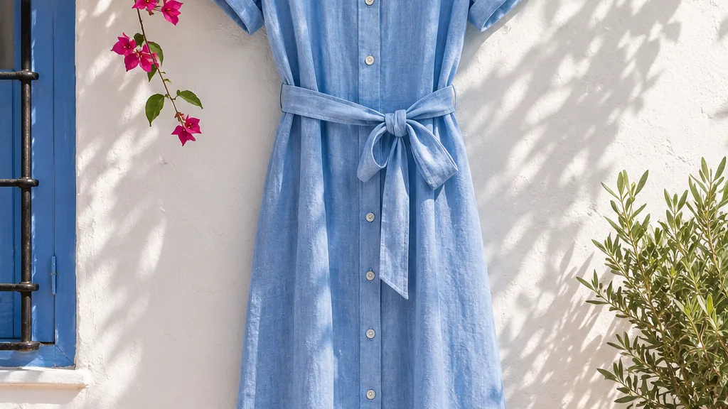 Vestido camisero de lino azul cielo con cinturón anudado, colgado en una percha